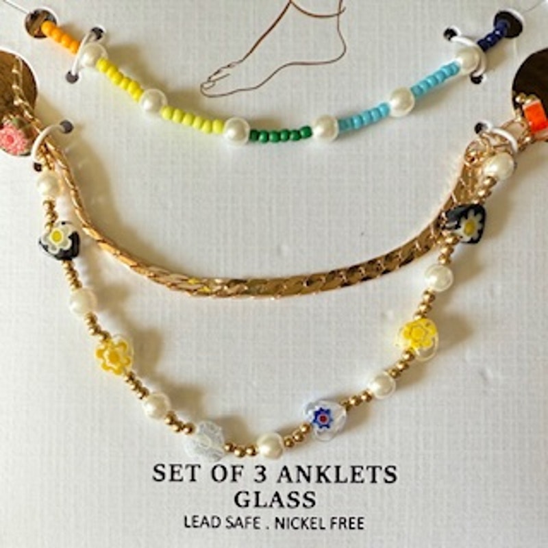 New Piper K Colorful Beaded Anklets Set Of 3 Glass Beach Summer 28$